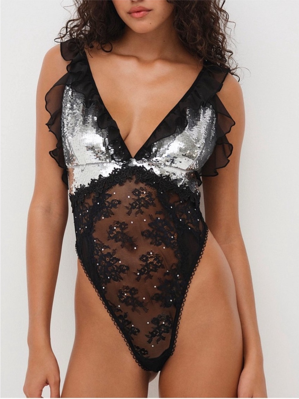 For Love & Lemons Maia Black Sheer Lace Sequin Bodysuit - M